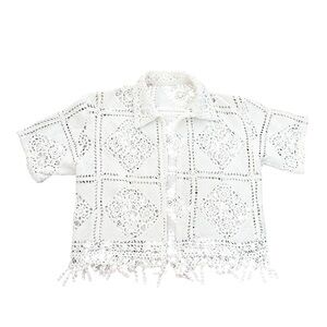 Vintage Handmade White Crochet Open Shirt With Fringe Size Medium
